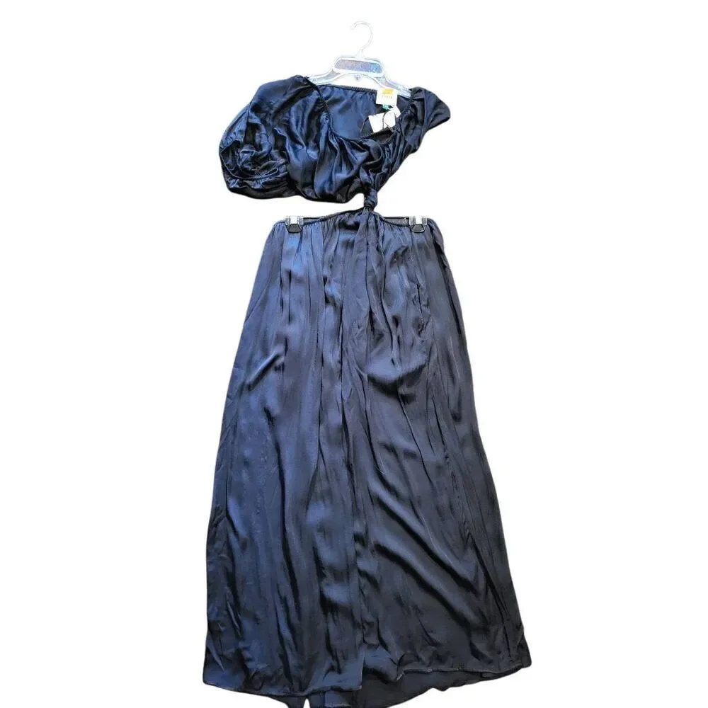 NWT Farm Rio Dress Women's Medium Black One Shoulder Midi Satin Ecovera - Picture 4 of 7